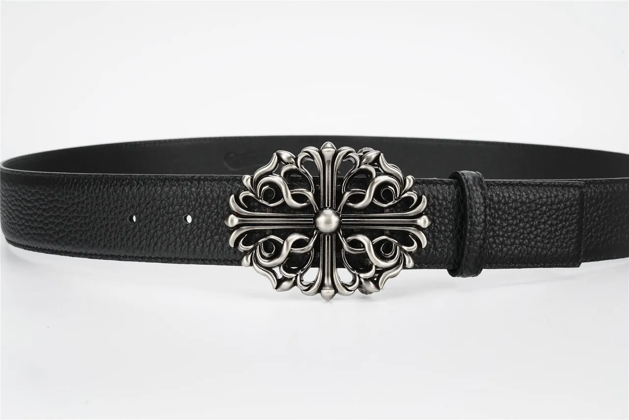 Chrome Hearts কালো সিলভার সজ্জিত ব্যারোক-প্রেরিত ধাতু বাকল পেবল্ড লেদার বেল্ট 8