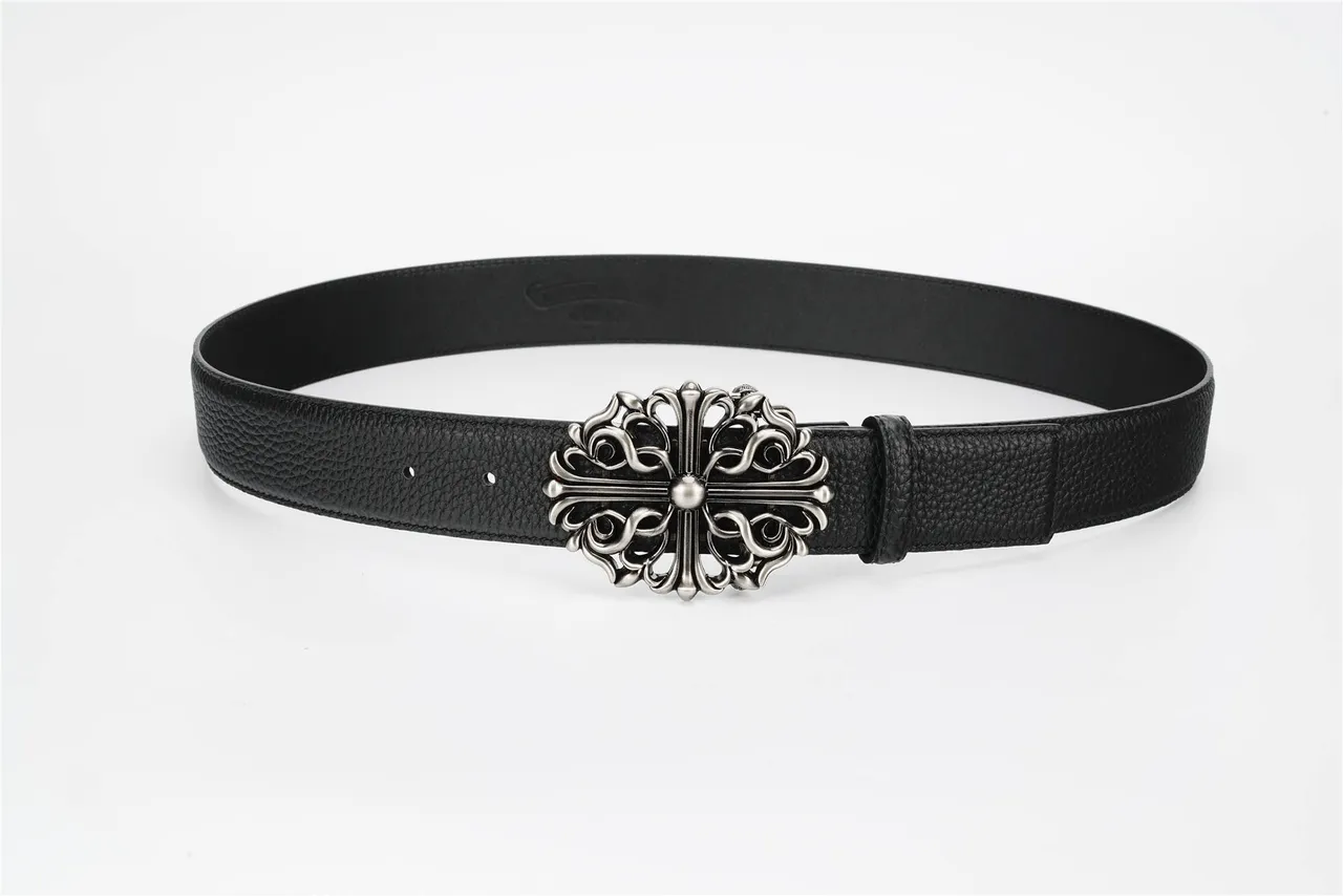 Chrome Hearts কালো সিলভার সজ্জিত ব্যারোক-প্রেরিত ধাতু বাকল পেবল্ড লেদার বেল্ট 9