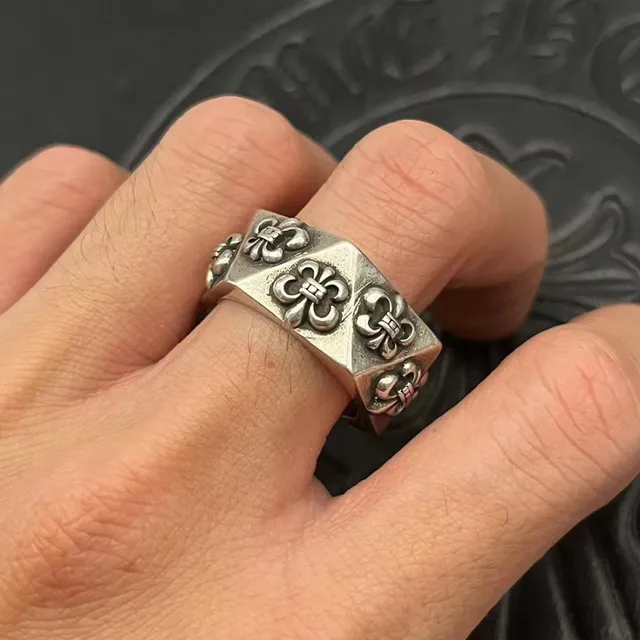 Chrome Hearts Fleur de Lis Silver Black Hexagonal Band Raised Motifs Ring 3
