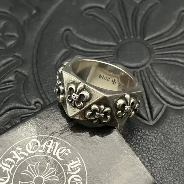 Chrome Hearts Fleur de Lis Silver Black Hexagonal Band Raised Motifs Ring 5