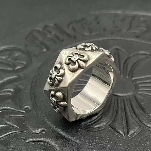 Chrome Hearts Fleur de Lis Silver Black Hexagonal Band Raised Motifs Ring 7