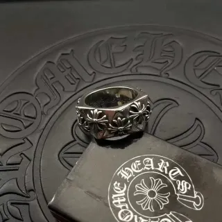 Chrome Hearts Silver Black Hexagonal Band Raised Floral Cross Motifs Ring