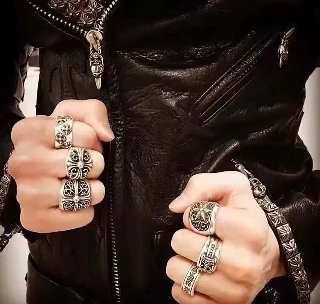 Chrome Hearts Silver Black Hexagonal Band Raised Floral Cross Motifs Ring 3