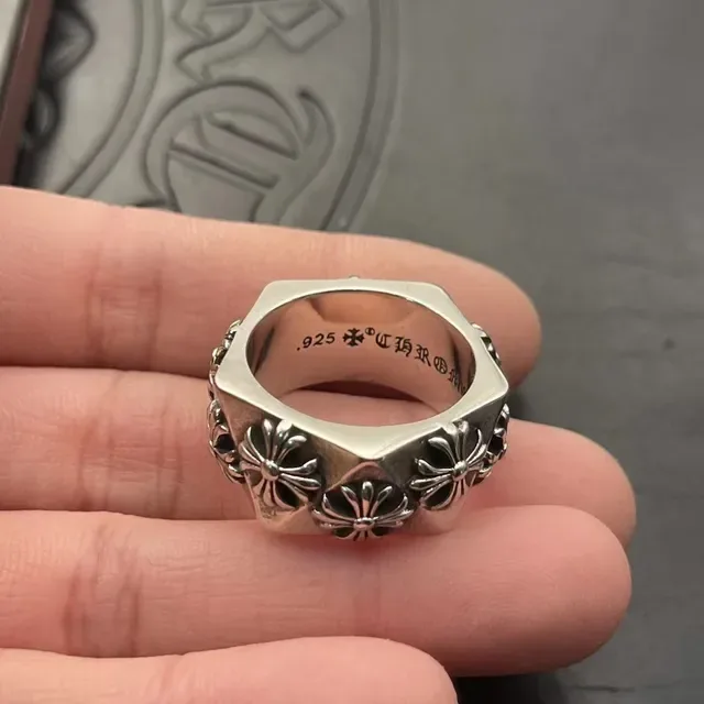 Chrome Hearts Silver Black Hexagonal Band Raised Floral Cross Motifs Ring 4