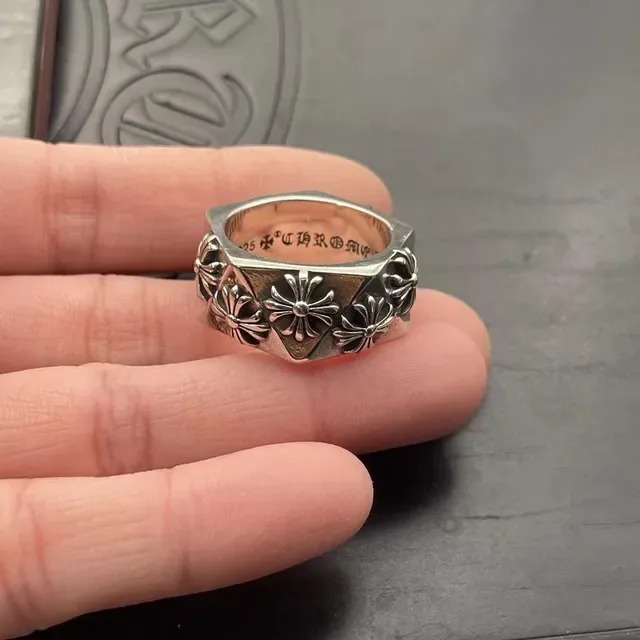 Chrome Hearts Silver Black Hexagonal Band Raised Floral Cross Motifs Ring 5
