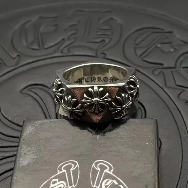 Chrome Hearts Silver Black Hexagonal Band Raised Floral Cross Motifs Ring 6