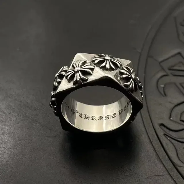 Chrome Hearts Silver Black Hexagonal Band Raised Floral Cross Motifs Ring 7