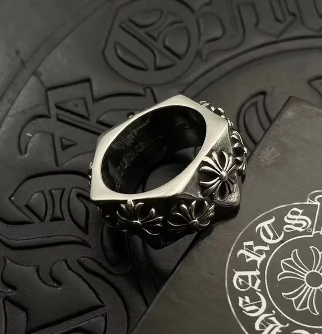 Chrome Hearts Silver Black Hexagonal Band Raised Floral Cross Motifs Ring 8