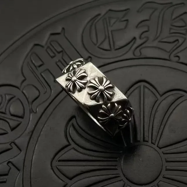 Chrome Hearts Silver Black Hexagonal Band Raised Floral Cross Motifs Ring 9