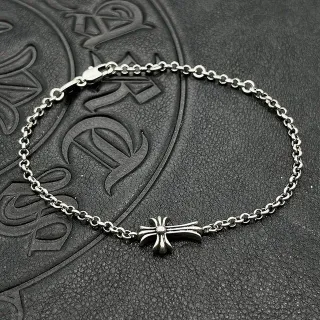 Chrome Hearts Silver Black Oval-Link Chain Gothic Cross Pendant Bracelet