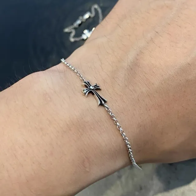 Chrome Hearts Chaîne oval-link argent et noir avec croix gothique pendentif bracelet 2