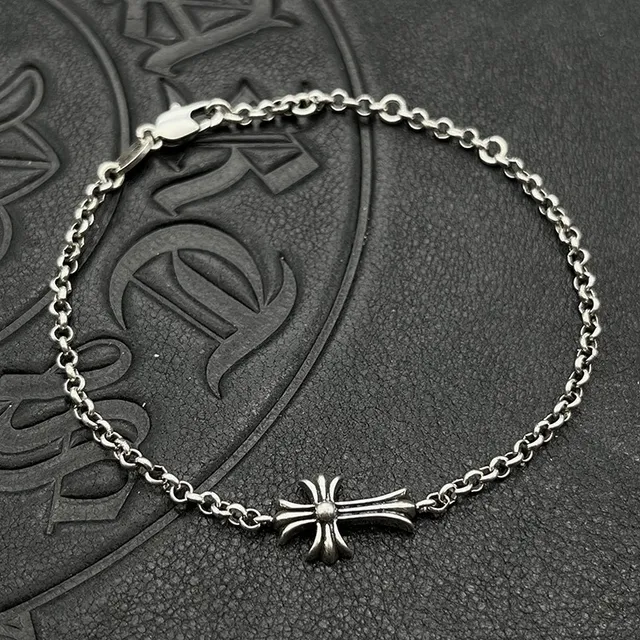 Chrome Hearts Chaîne oval-link argent et noir avec croix gothique pendentif bracelet 6