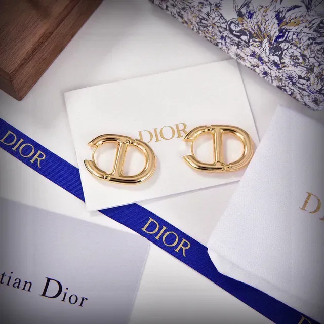 Dior Addict Gold White D-Shaped Hoops Interlocking Motif Earrings 4