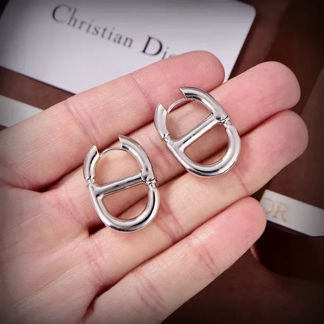 Dior Addict Gold White D-Shaped Hoops Interlocking Motif Earrings 8