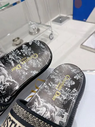 Dior Black Beige Marble-Print Footbed Jacquard Logo Strap Slippers 3