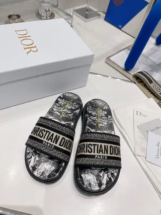 Dior Black Beige Marble-Print Footbed Jacquard Logo Strap Slippers 6