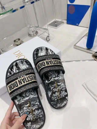 Dior Black Beige Marble-Print Footbed Jacquard Logo Strap Slippers 7