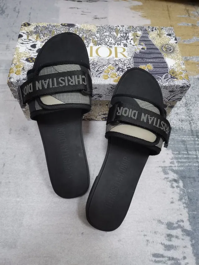 Dior Black Beige Woven Strap Logo-Print Band Slippers 2