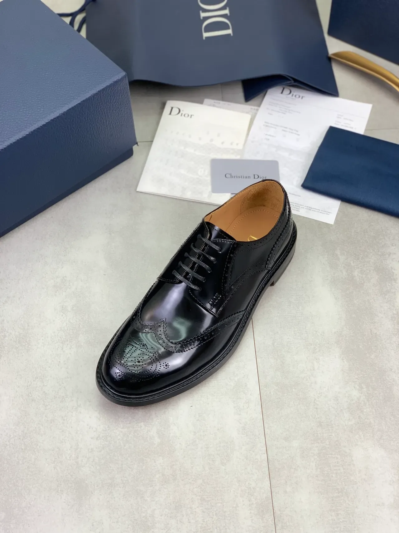Dior Black Brown Glossy Leather Wingtip Brogue 4