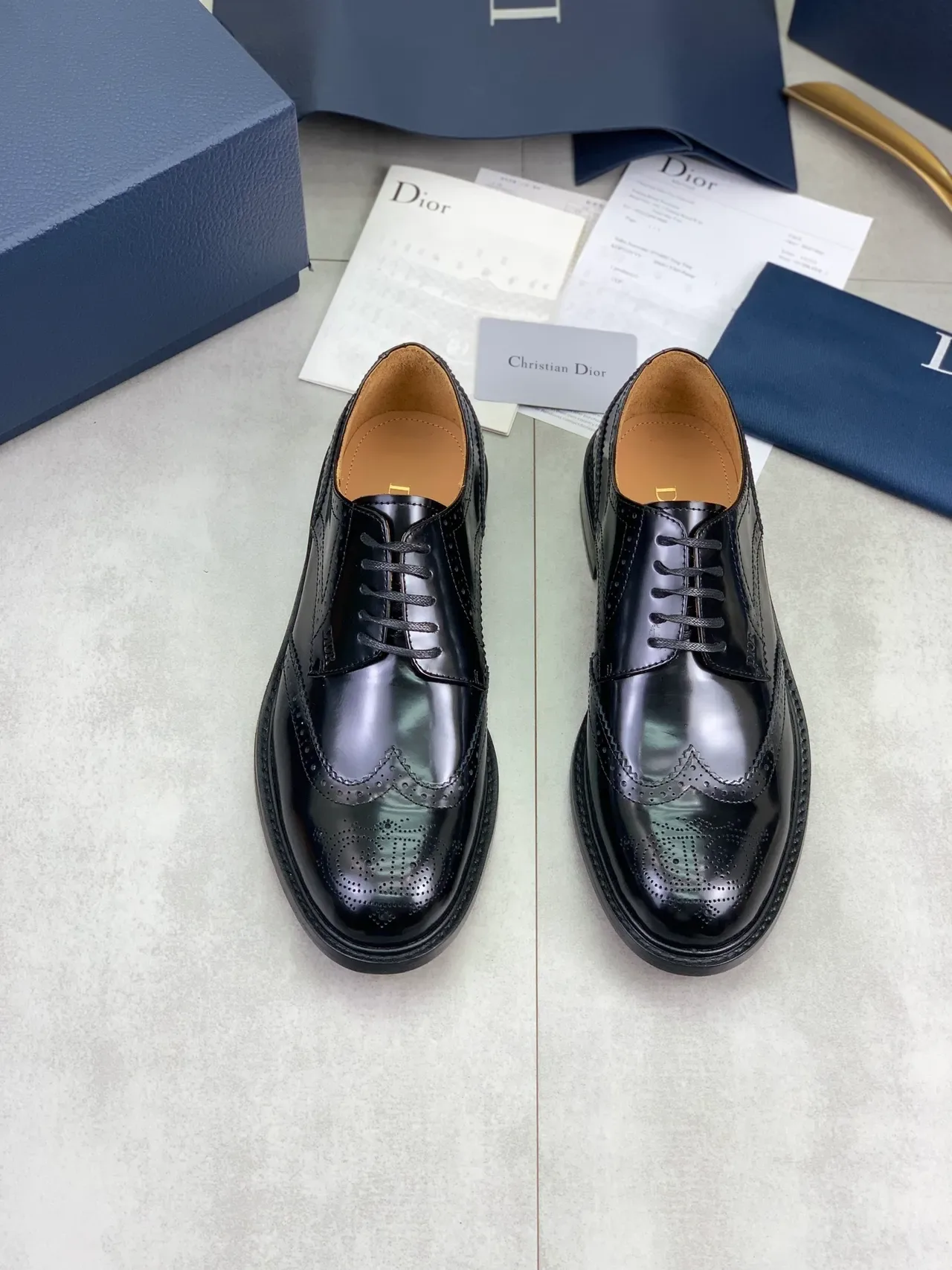 Dior Black Brown Glossy Leather Wingtip Brogue 5