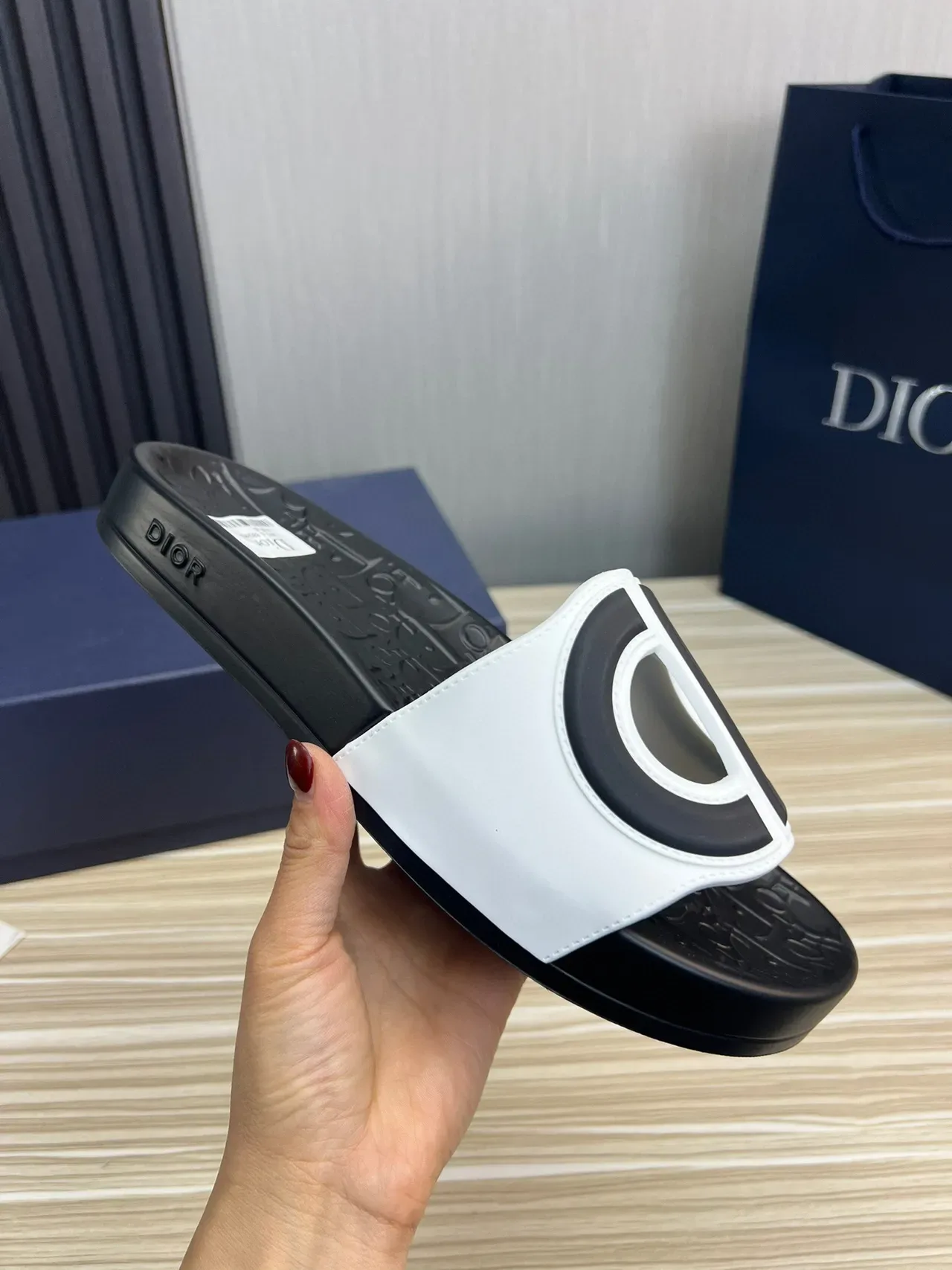 Dior Black White Molded Rubber Sole Oversized Logo Strap Slippers 5