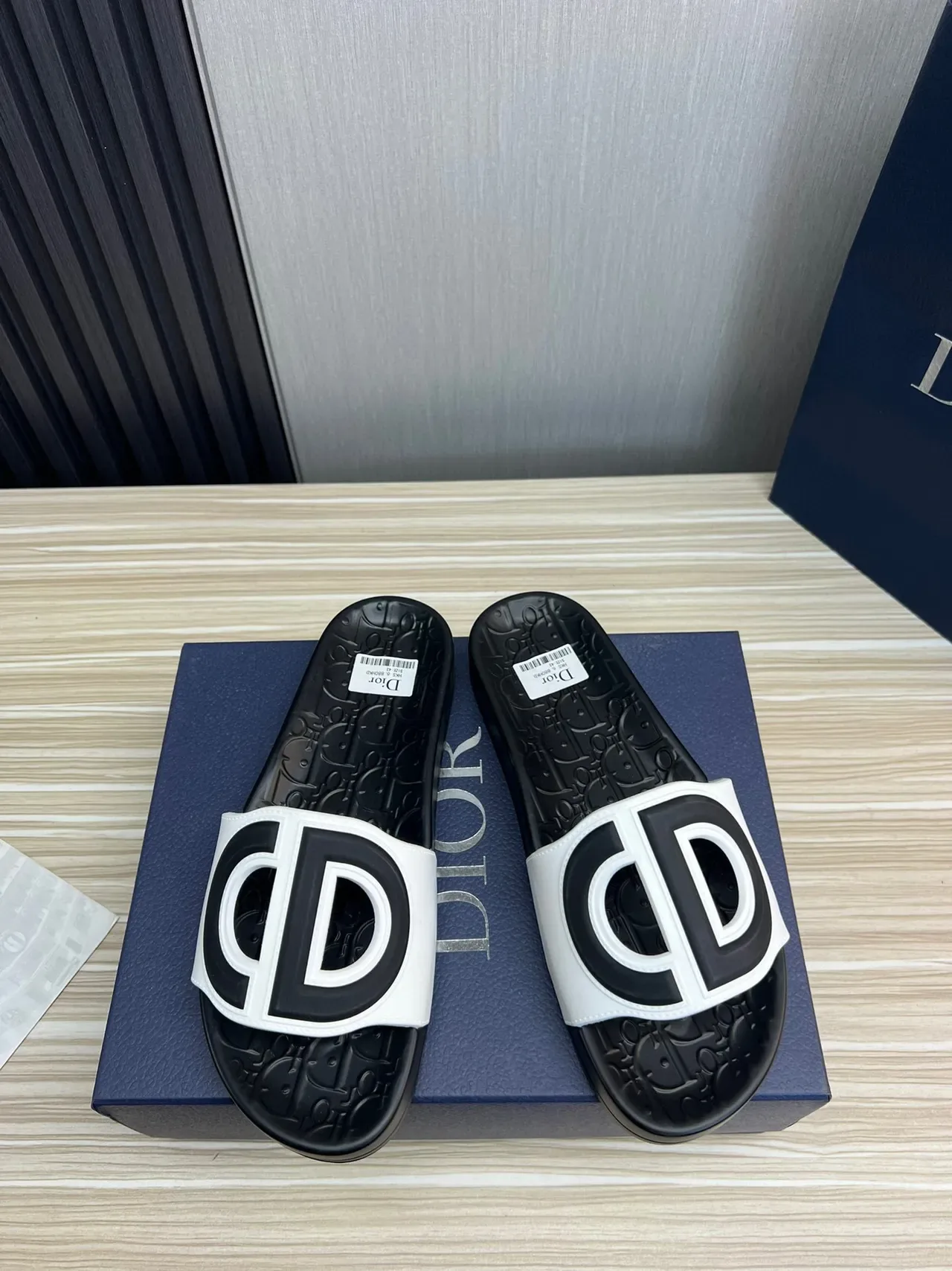 Dior Black White Molded Rubber Sole Oversized Logo Strap Slippers 9
