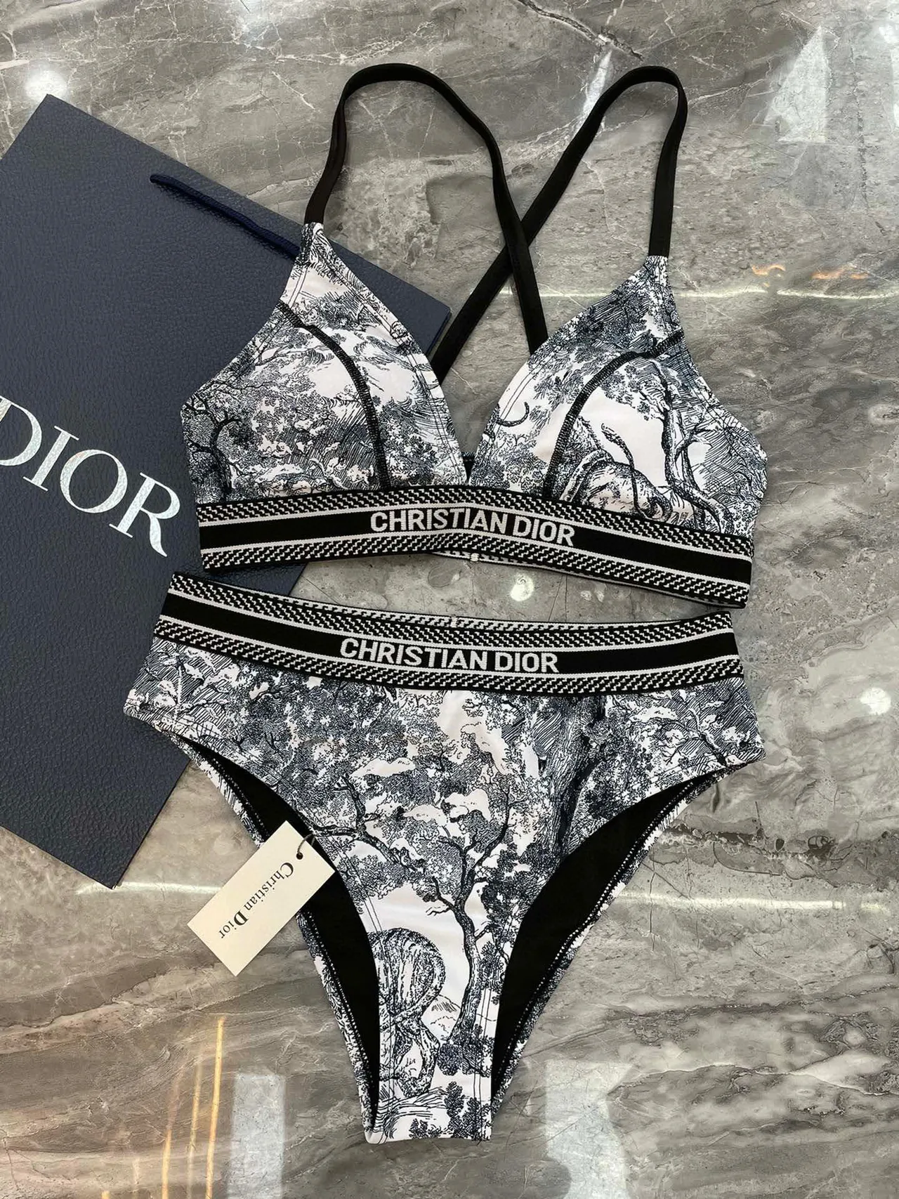 Dior Noir Blanc Toile De Jouy impression Cross-Back Straps sous-vêtements 3