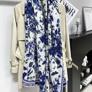 Dior Floral Butterfly Blue and White Silk Scarf