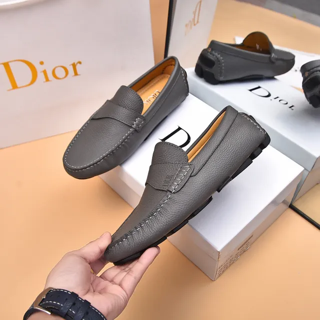 Dior Mocassin en Cuir Granulé Beige Gris à Bride Penny 5
