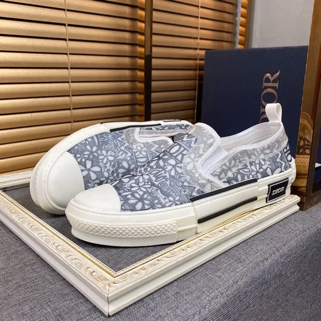 Dior ग्रे सफेद Slip-On पैटर्न टेक्सटाइल अपर कैनवास शूज 2