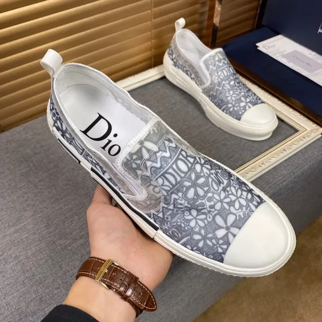 Dior ग्रे सफेद Slip-On पैटर्न टेक्सटाइल अपर कैनवास शूज 4