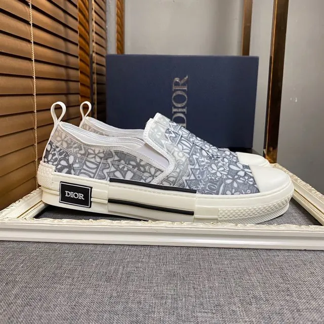 Dior ग्रे सफेद Slip-On पैटर्न टेक्सटाइल अपर कैनवास शूज 5
