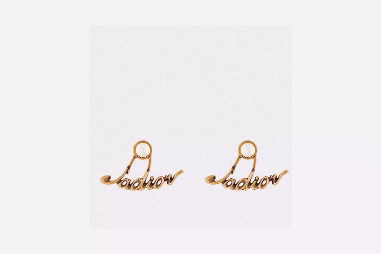 Dior J'adore Gold White Script Pearl-Accented Earrings 3