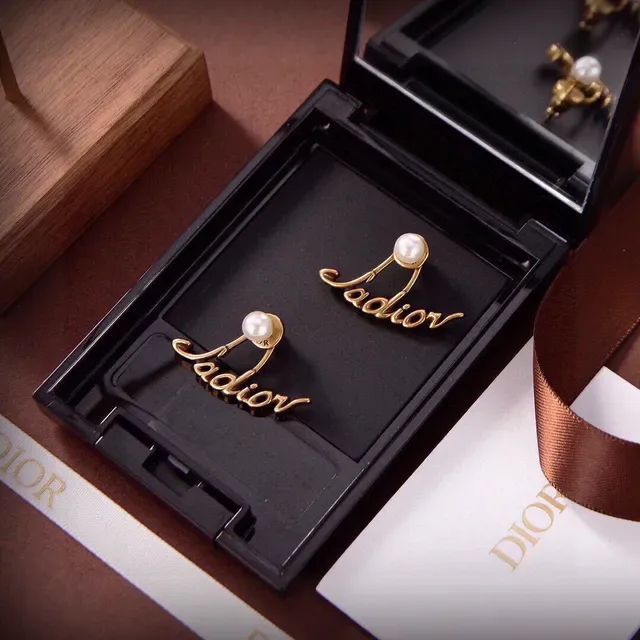 Dior J'adore Gold White Script Pearl-Accented Earrings 4