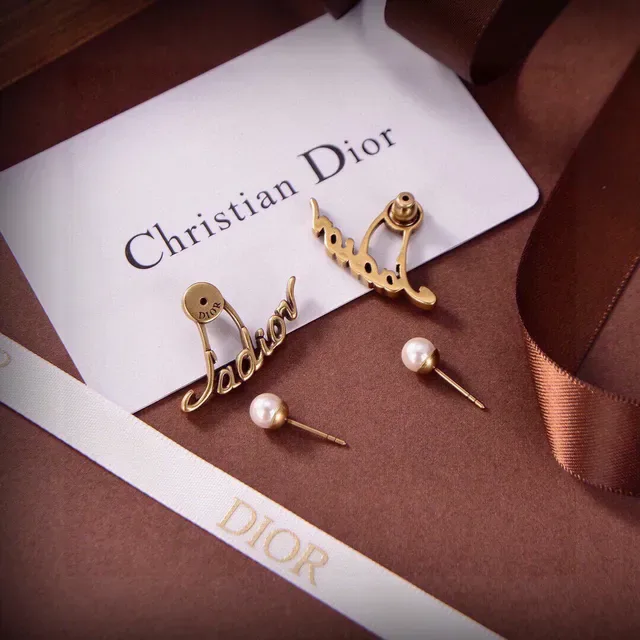 Dior J'adore Gold White Script Pearl-Accented Earrings 5