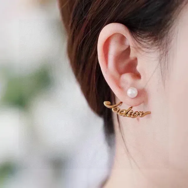 Dior J'adore Gold White Script Pearl-Accented Earrings 9
