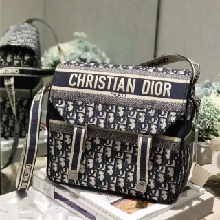Dior Navy Beige Monogram Canvas Flap-Top Messenger Bag
