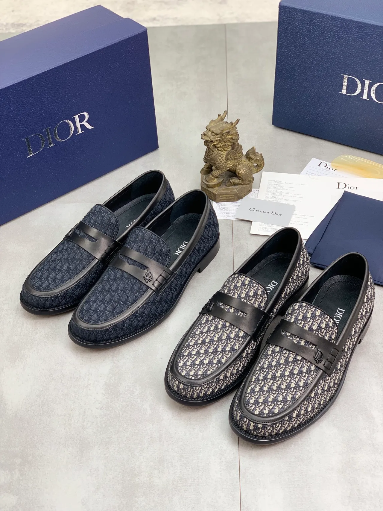 Dior Marinho Bege Oblíquo Jacquard Tecido Couro Preto Tira Mocassim 2