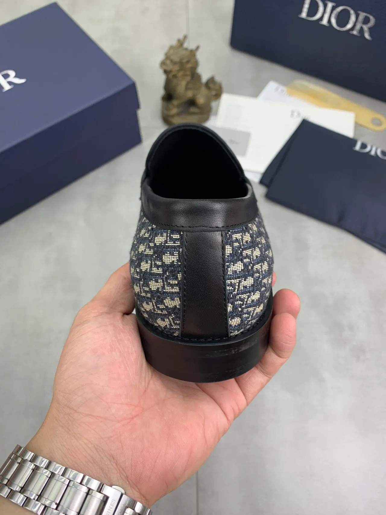 Dior Marinho Bege Oblíquo Jacquard Tecido Couro Preto Tira Mocassim 3
