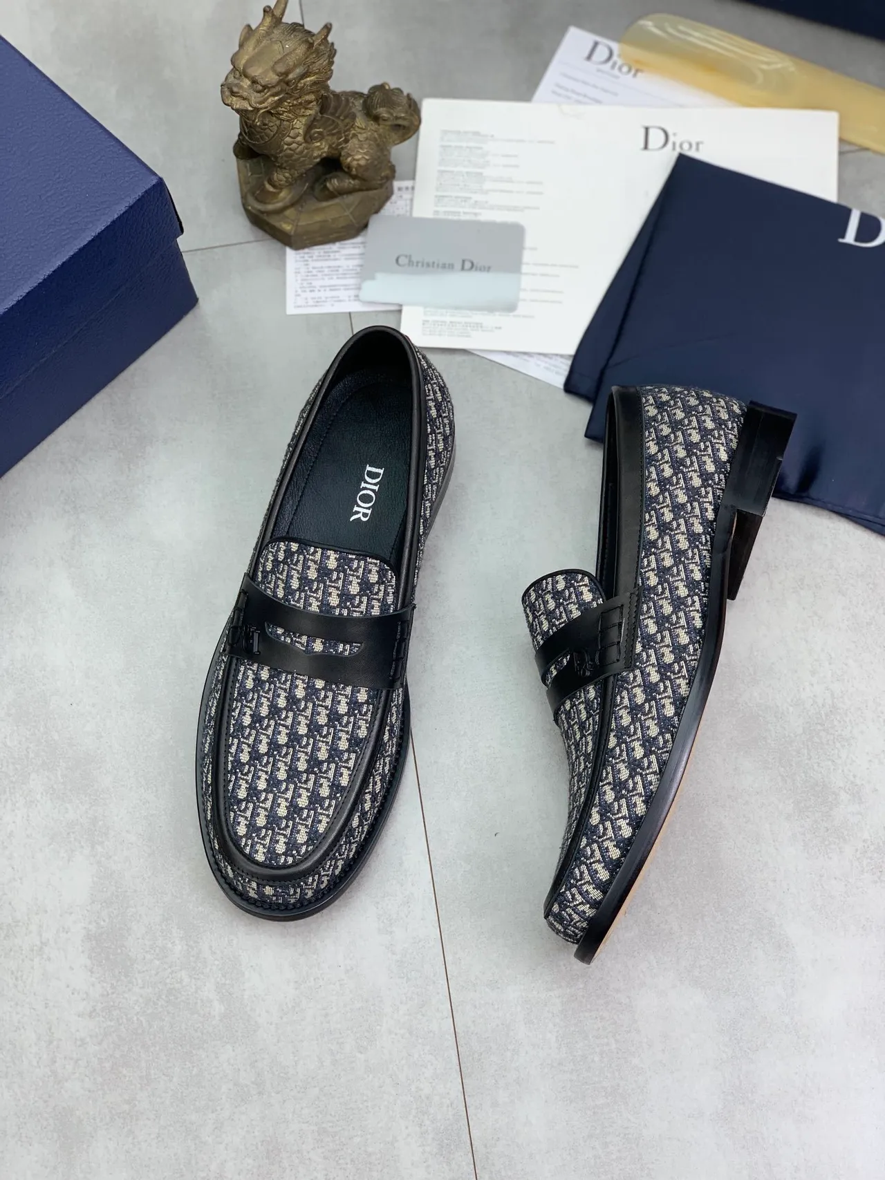 Dior Marinho Bege Oblíquo Jacquard Tecido Couro Preto Tira Mocassim 4
