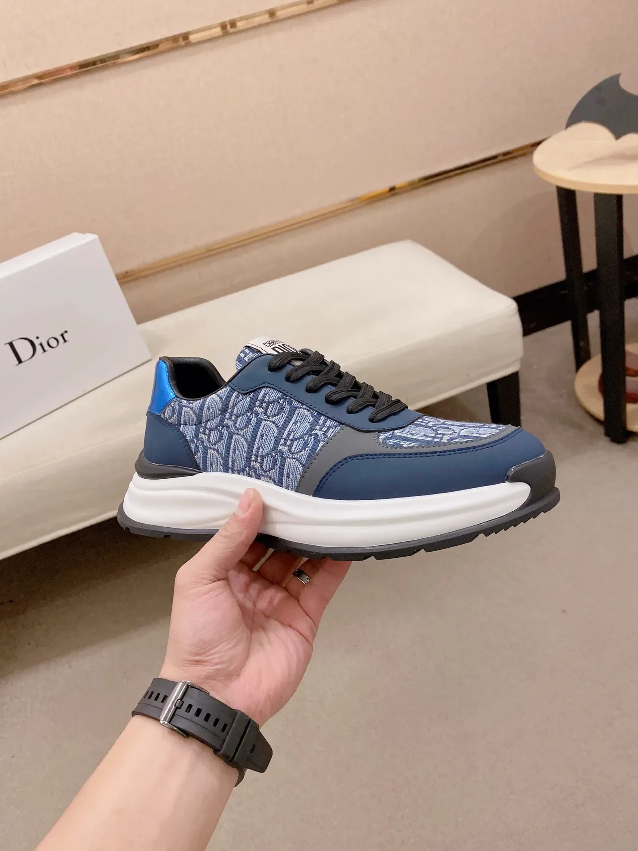 Dior Navy Blue Oblique Jacquard Upper Sculpted White Midsole Lifestyle Sneakers 4