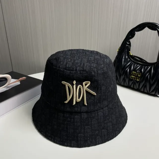 Dior Oblique Gorra Bucket Negro y Oro de Tela Jacquard Bordada con Logo 2