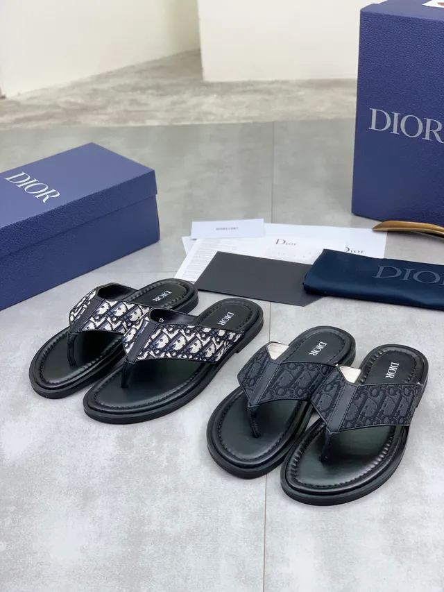 Dior Oblique Jacquard Slipper Black Beige Strap Padded Leather Footbed Slippers 2