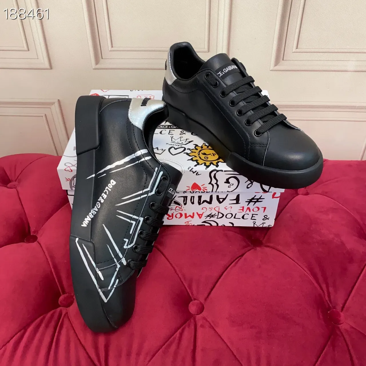 Dolce & Gabbana কালো রূপালি চামড়ার উপরের অংশ সাদা অ্যাবস্ট্রাক্ট লাইন গ্রাফিক্স লাইফস্টাইল স্নিকার্স 4