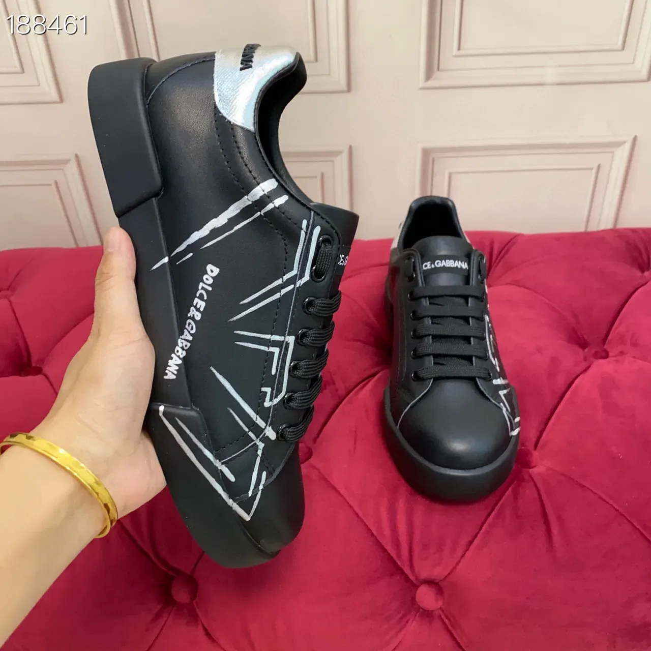 Dolce & Gabbana কালো রূপালি চামড়ার উপরের অংশ সাদা অ্যাবস্ট্রাক্ট লাইন গ্রাফিক্স লাইফস্টাইল স্নিকার্স 6