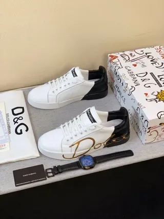 Dolce & Gabbana Portofino 白色黑色皮革鞋面 金色脚本标志 生活方式运动鞋 5