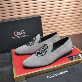 Dolce & Gabbana Crest 刺绣乐福鞋 灰黑麂皮