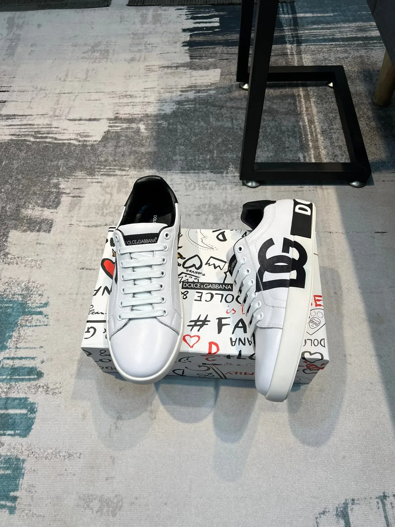 Dolce & Gabbana Portofino Blanco Negro Cuero Superior Monograma Bold Zapatillas Lifestyle 3