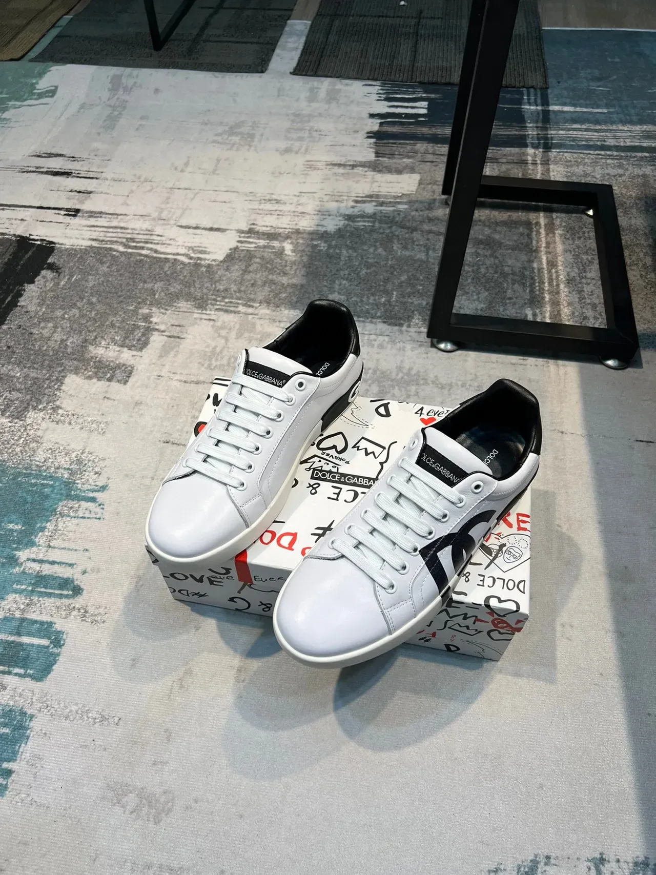 Dolce & Gabbana Portofino Blanco Negro Cuero Superior Monograma Bold Zapatillas Lifestyle 4