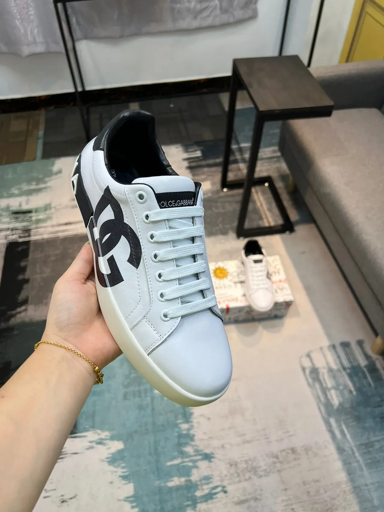 Dolce & Gabbana Portofino Blanco Negro Cuero Superior Monograma Bold Zapatillas Lifestyle 5